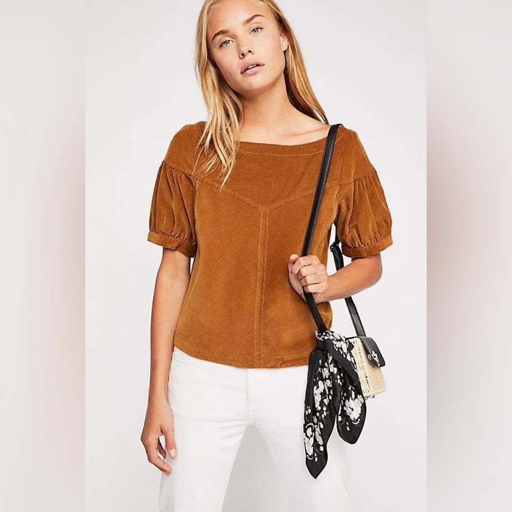 Free People Brown Corduroy Button Back Puff Boat Neck Top -Cording Around Blouse